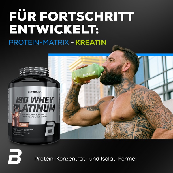A square-format static ad featuring a fitness influencer consuming protein powder, clearly highlighting the supplement's ingredients and benefits.
